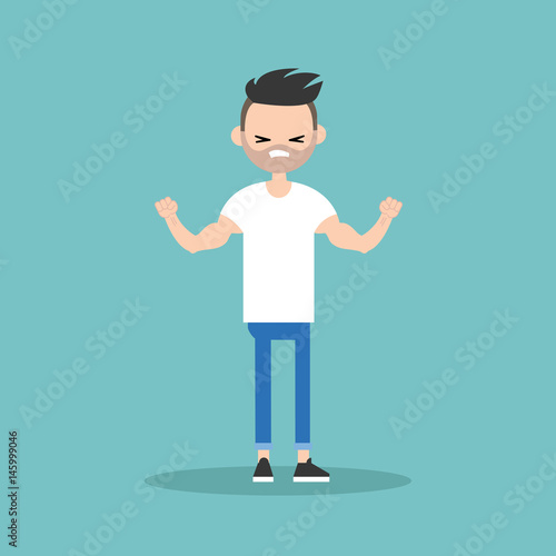 Young bearded man demonstrating his strength / editable flat vector illustration