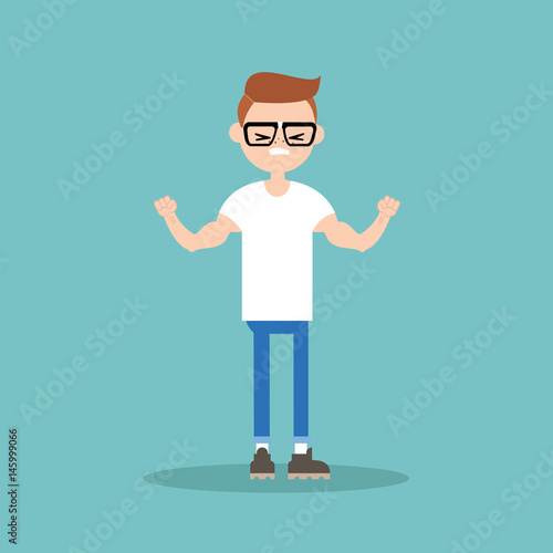 Young funny nerd demonstrating his strength / editable flat vector illustration