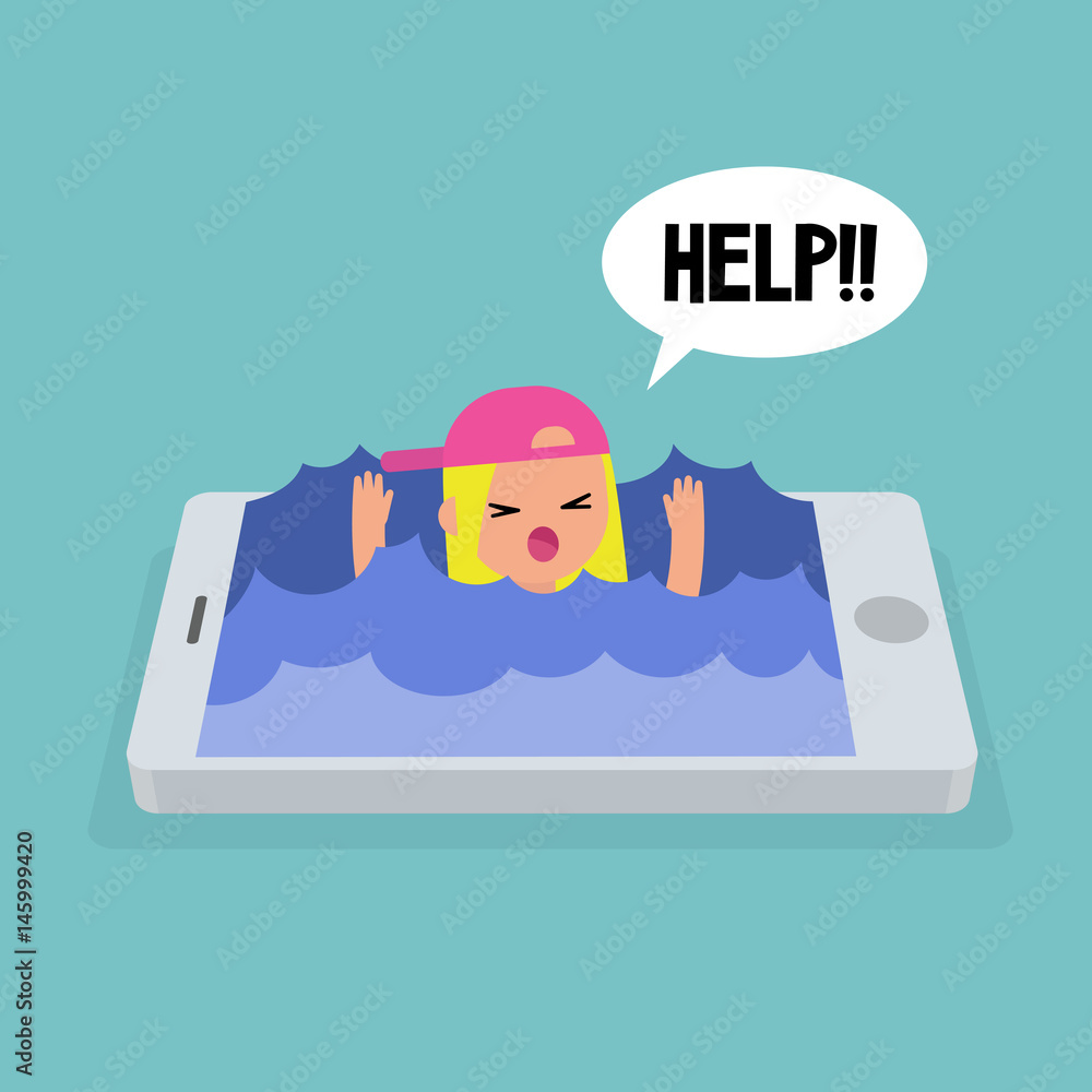 Mobile addiction concept. young blond girl drowning in the water / editable flat vector illustration Mobile addiction concept. young blond girl drowning in the water / editable flat vector illustration