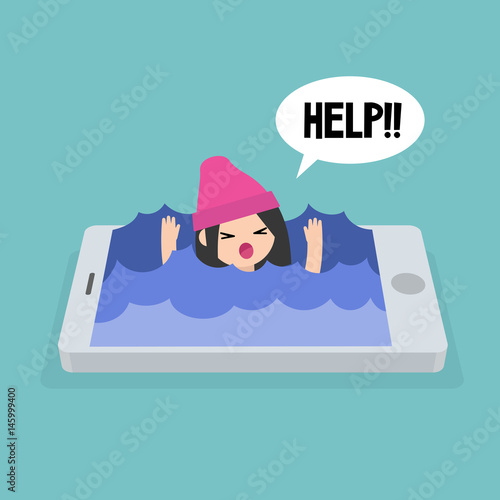 Mobile addiction concept. young girl drowning in the water / editable flat vector illustration