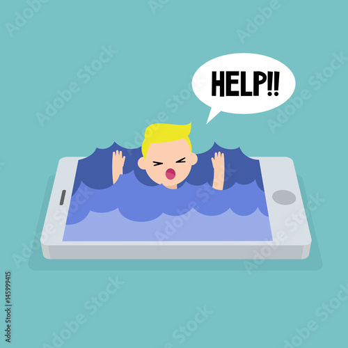 Mobile addiction concept. young blond boy drowning in the water / editable flat vector illustration