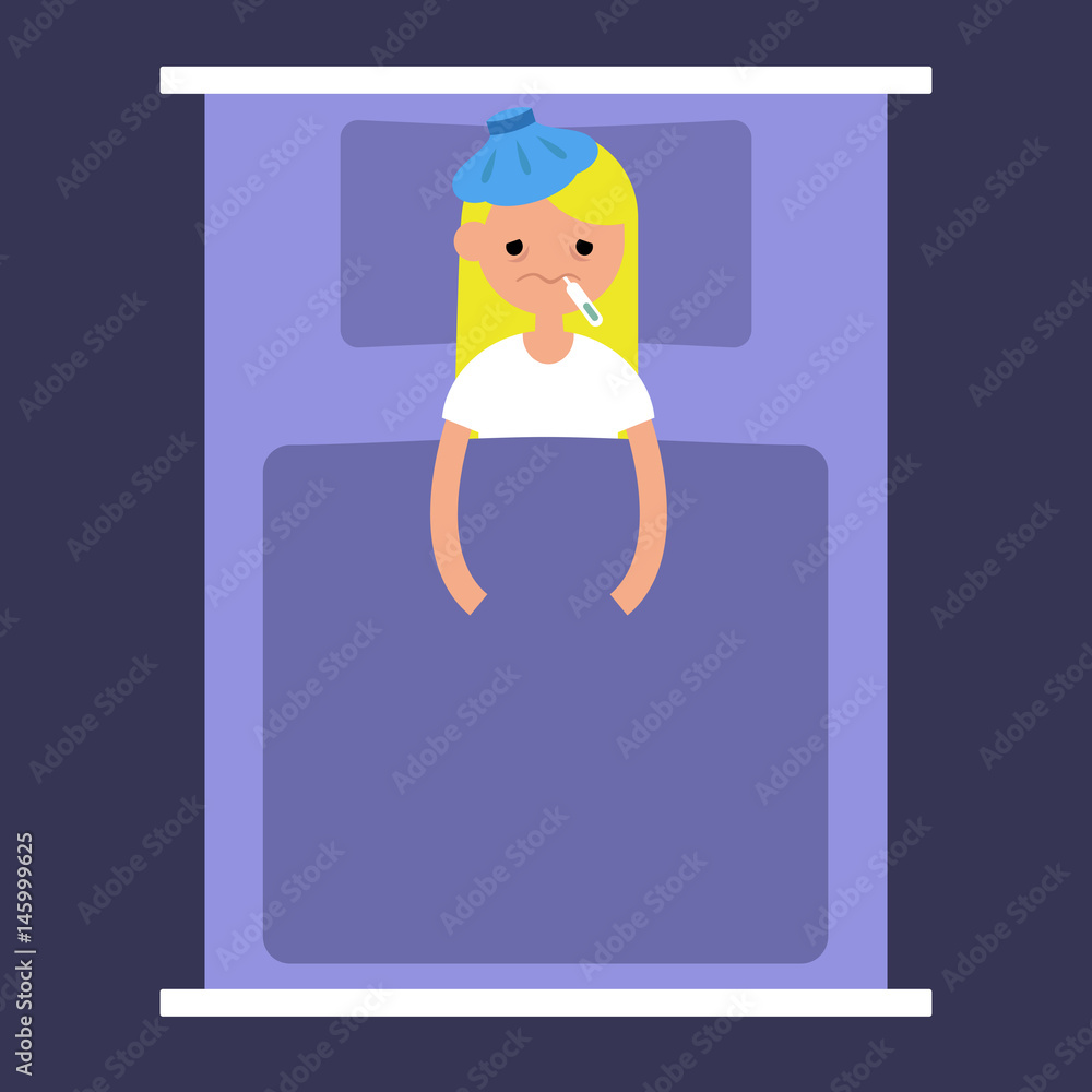 Sick blond girl lying under the blanket with an ice pack on her head and thermometer in mouth / flat editable vector illustration Sick blond girl lying under the blanket with an ice pack on her head and thermometer in mouth / flat editable vector illustration