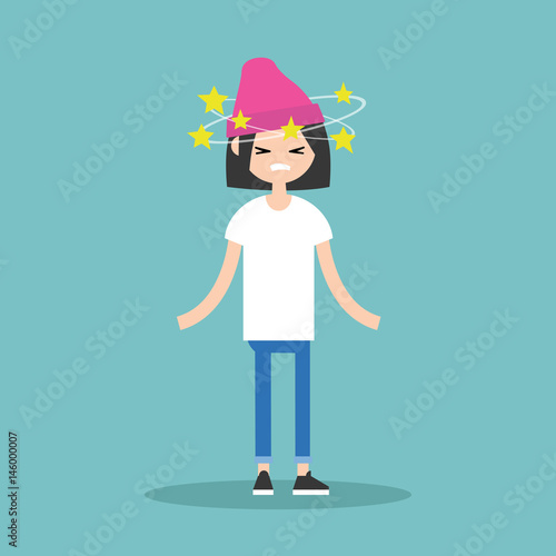 Dizziness conceptual illustration. Young brunette girl with stars spinning around her head / flat editable vector illustration
