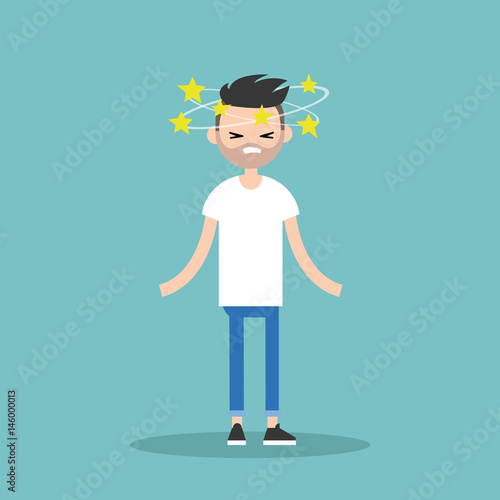Dizziness conceptual illustration. Young bearded man with stars spinning around his head / flat editable vector illustration