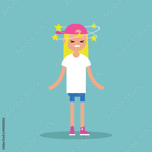 Dizziness conceptual illustration. Young blond girl with stars spinning around her head / flat editable vector illustration