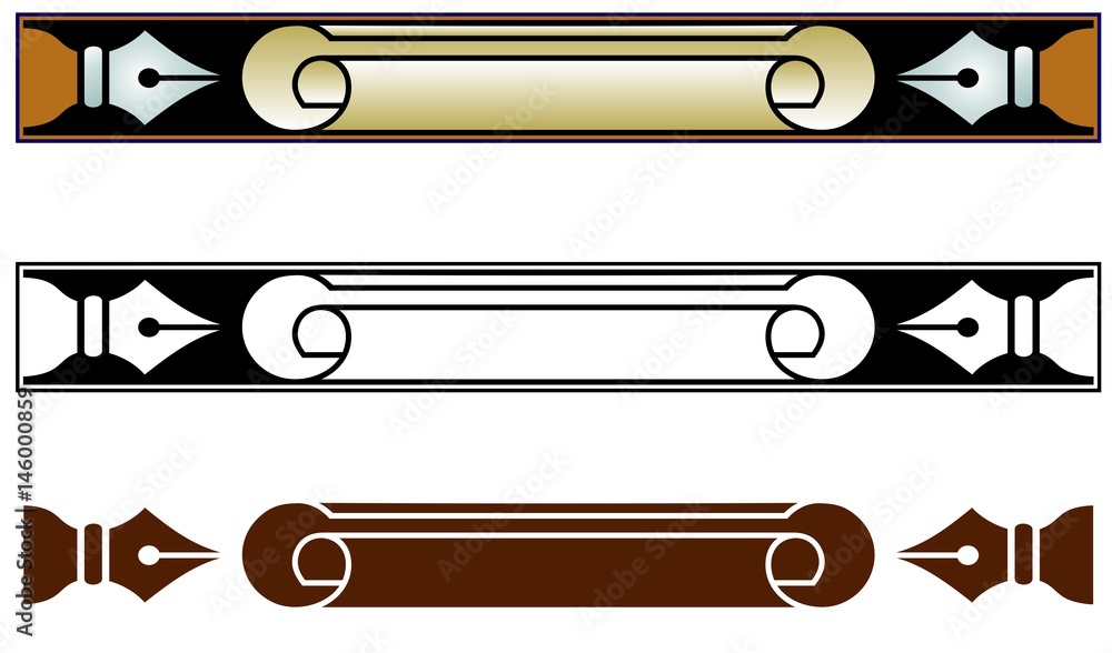 border emblem of crow quill pen nibs and curled paper Stock Vector