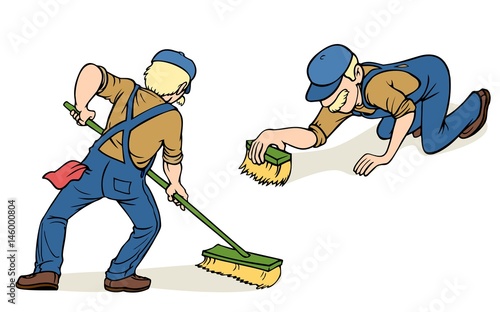 Blonde Scandinavian man scrubbing the floor, two poses
