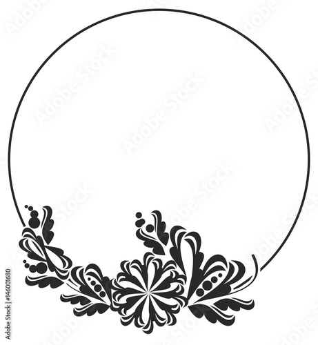 Black and white round frame with floral silhouettes. Copy space. Vector clip art.