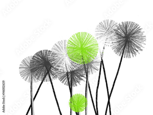 Colorful hand drawn abstract white  green and grey dandelions on white background   isolated illustration painted by oil color and watercolor on canvas  high quality