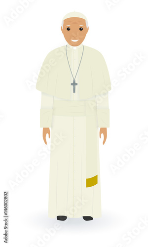Pope character isolated on a white background. Supreme catholic priest stand alone in cassock. Religion people concept.