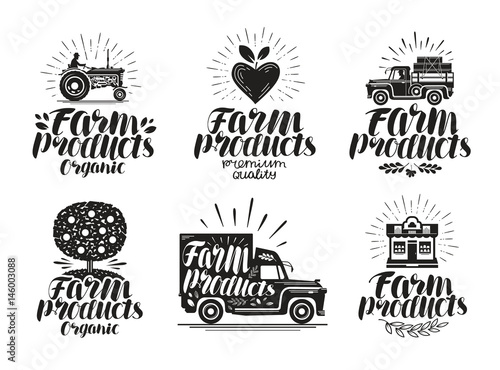 Farm product, label set. Agriculture, farming icon or logo. Lettering, calligraphy vector illustration