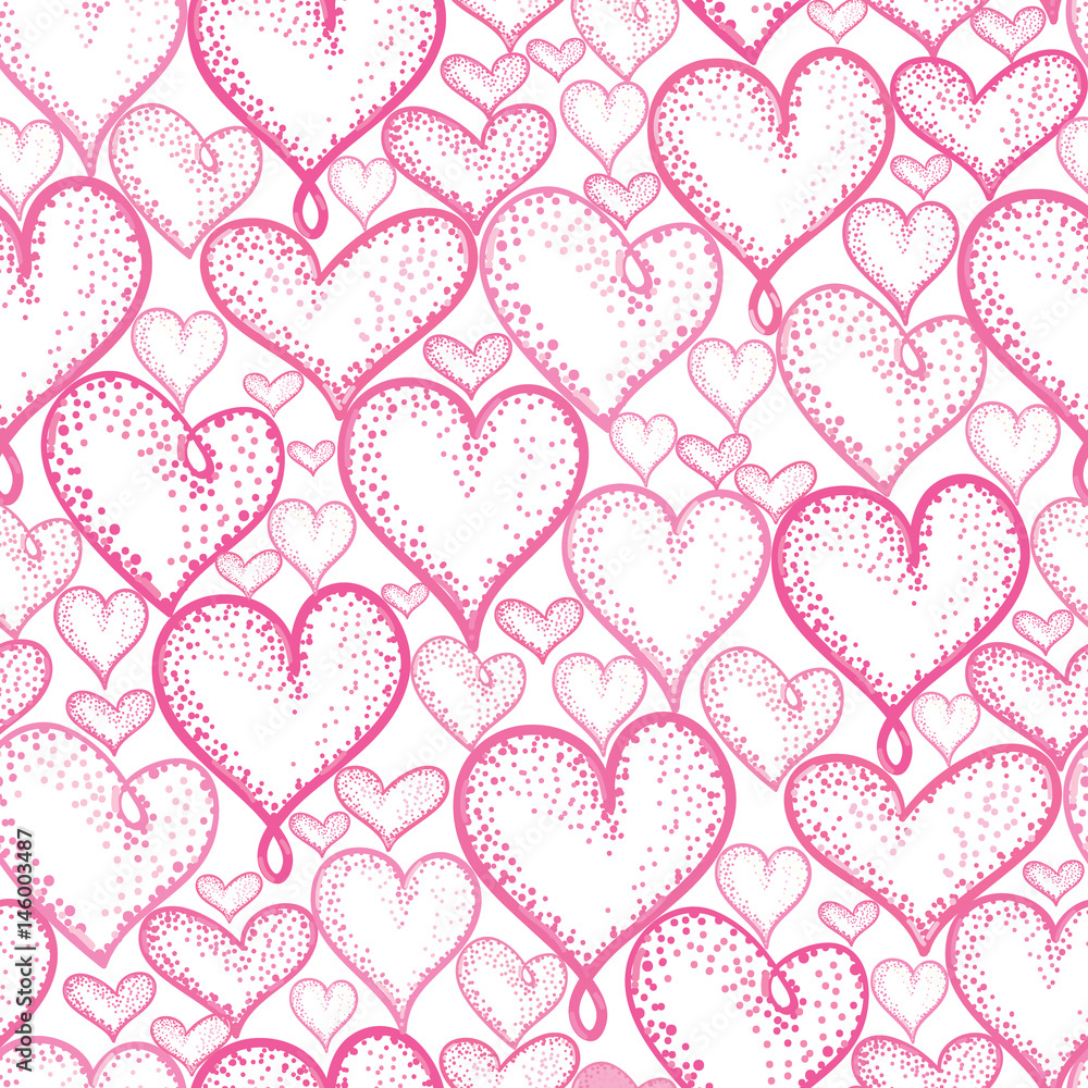 Vector pink hearts seamless repeat pattern background design. Great for romantic Valentine Day cards, wrapping paper, fabric, wallpaper.