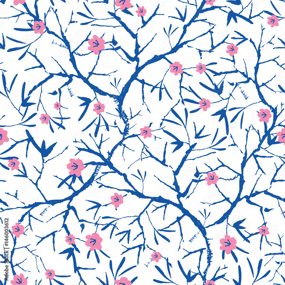 Vector navy blue, pink, and white blooming sakura bracnhes painted texture. Seamless repeat pattern background. Great for wallpaper, cards, fabric, wrapping paper, stationery projects. Vector navy blue, pink, and white blooming sakura bracnhes painted texture. Seamless repeat pattern background. Great for wallpaper, cards, fabric, wrapping paper, stationery projects.