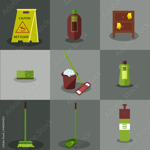 Set of tools for cleaning: a bucket with soapy foam, broom, mop and scoop with green handles. Bottles of detergent. Sigh "Caution. Wet floor". Bedside table. Yellow gloves. Vector illustration