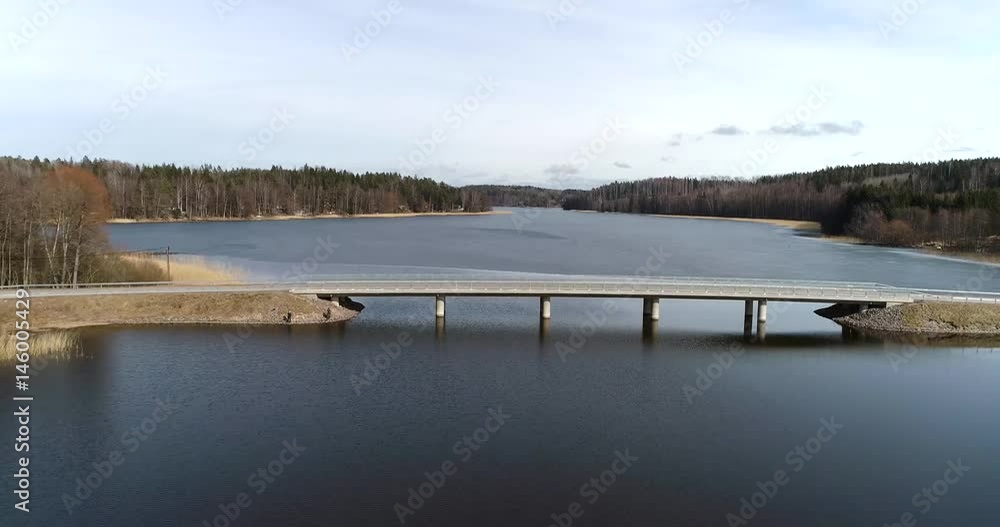 Lohjansaari bridge, Cinema 4k aerial flight away from bridge, at frozen lohjanjärvi, near lohjansaari island, on a sunny spring, in Lohja, Finland Lohjansaari bridge, Cinema 4k aerial flight away from bridge, at frozen lohjanjärvi, near lohjansaari island, on a sunny spring, in Lohja, Finland