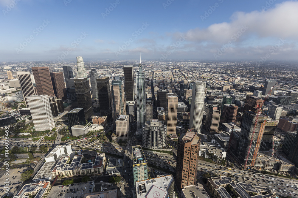 Aerial view of downtown towers in Los Angeles, California.  
