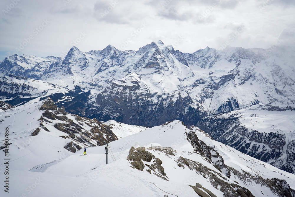 A popular snow ski trip to Switzerland in the winter, so there is a high mountains terrain, beautiful and famous destinations.Alps Mountain from Jungfrau in Europe