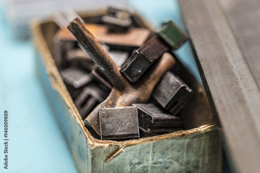 close up of old letter stamps in a workshop close up of old letter stamps in a workshop