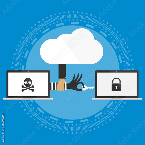 Hacker hand with key to hacking to victim laptop computer protected with cloud security.Vector illustration cloud computing security design.