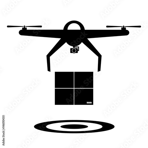 Black and white delivery drone with the package and drop target. Vector illustration drone logo icon futuristic concept.