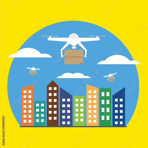 Air drones carrying cardboard box in blue sky with cloud over city .Vector illustrator concept of futuristic delivery drone.