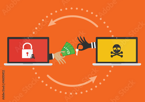 Businessman hand holding money banknote for paying the key from hacker for unlock computer folder got ransomware malware virus computer PC. Vector illustration cybercrime concept. photo
