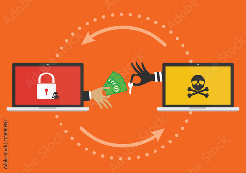 Businessman hand holding money banknote for paying the key from hacker for unlock computer folder got ransomware malware virus computer PC. Vector illustration cybercrime concept.