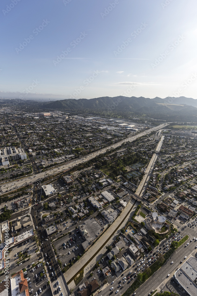 Aerial view of the Ventura 134 Freeway, Glendale and Los Angeles in Southern California.  