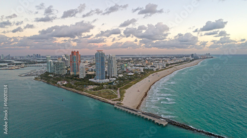 Miami South Beach Florida Aerial View City From South Pointe Park Looking North at Sunrise © CascadeCreatives