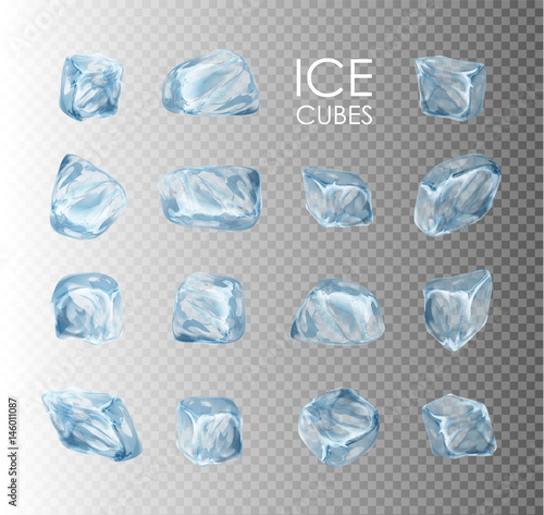 Ice cubes, realistic set, 3d vector illustration. Blue Ice collection, isolated, refresh, white, background. © Gluiki