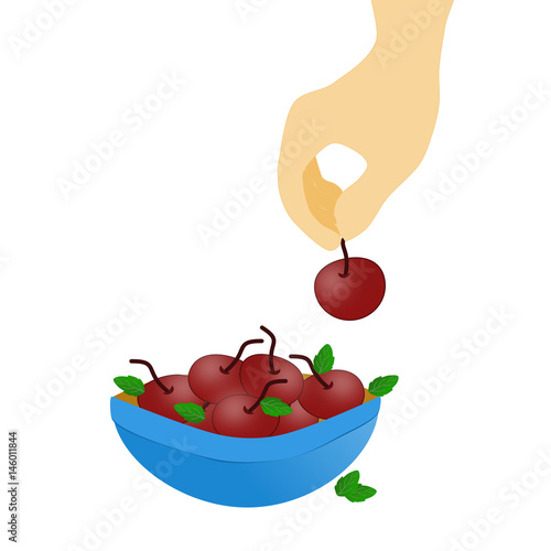 A bowl with red cherries and a hand picking cherries