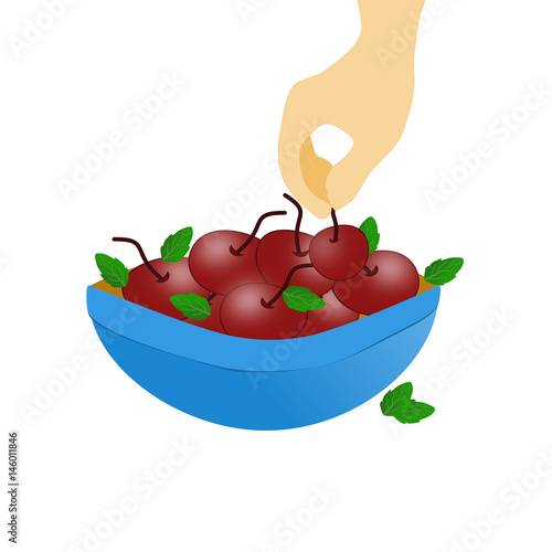 A bowl with red cherries and a hand picking cherries