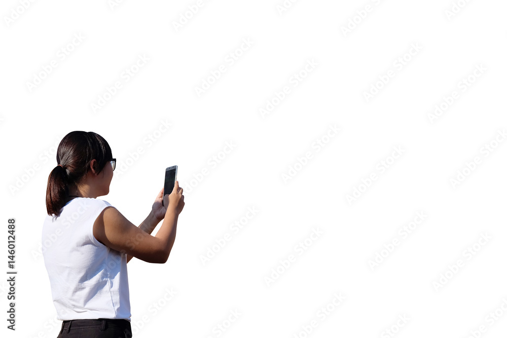 Back of a woman holding smartphone with 2 hands Back of a woman holding smartphone with 2 hands