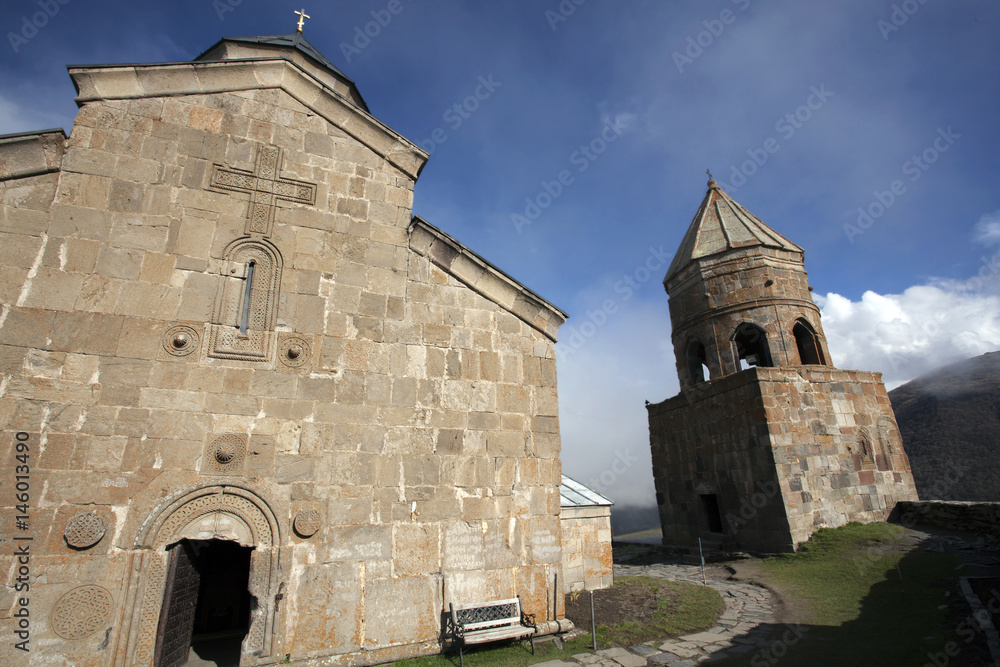Ancient Gergeti Trinity Church high in the Caucasus mountains, Georgia