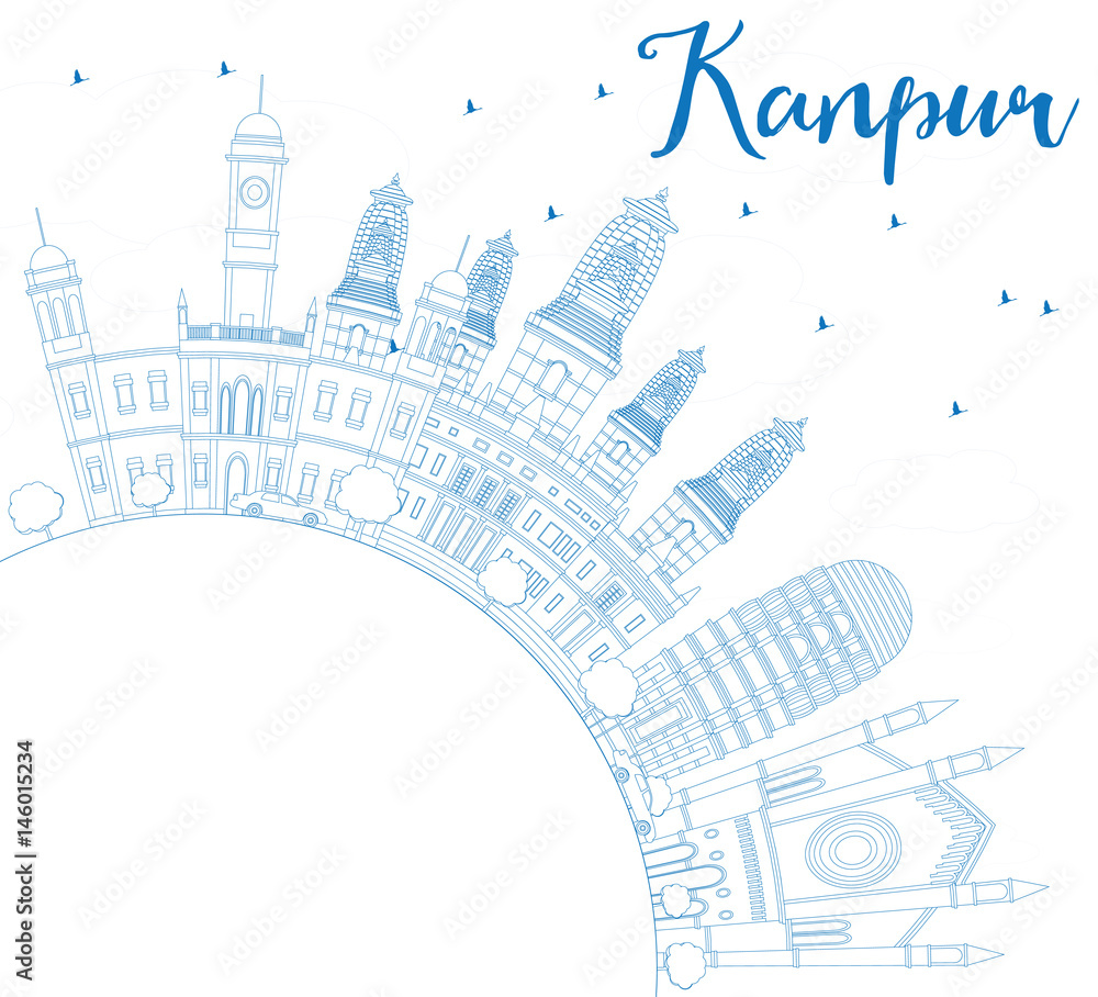Outline Kanpur Skyline with Blue Buildings and Copy Space.
