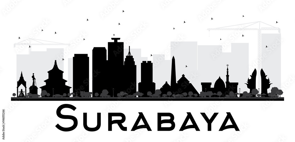 Surabaya City skyline black and white silhouette.