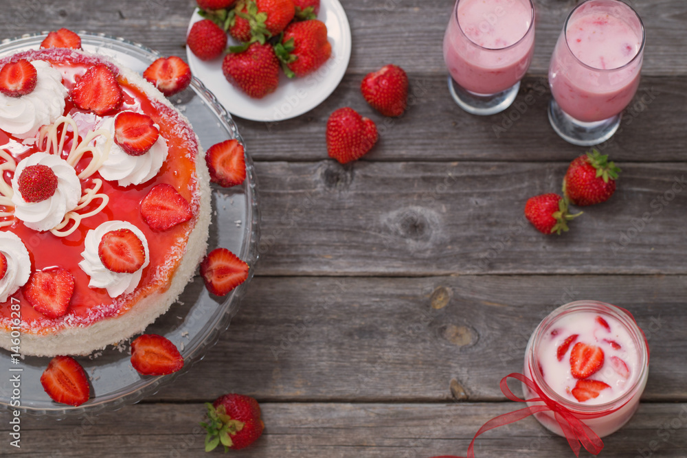dessert with strawberries on wooden table dessert with strawberries on wooden table