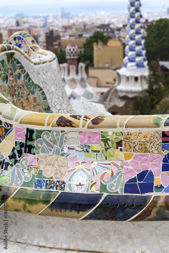 Gaudi multicolored mosaic bench in Park Guell; Barcelona; Spain Gaudi multicolored mosaic bench in Park Guell; Barcelona; Spain