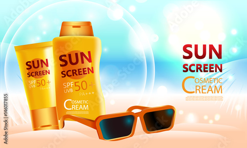 Luxury cosmetic Bottle package skin care cream and sunglasses, Sun screen bottle UV block, Beauty cosmetic product poster, with bokeh background
