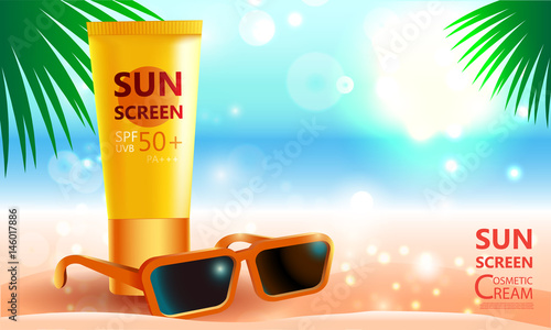 Luxury cosmetic Bottle package skin care cream and sunglasses, Sun screen bottle UV block, Beauty cosmetic product poster, with bokeh background