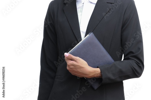 business man holding a book on white background