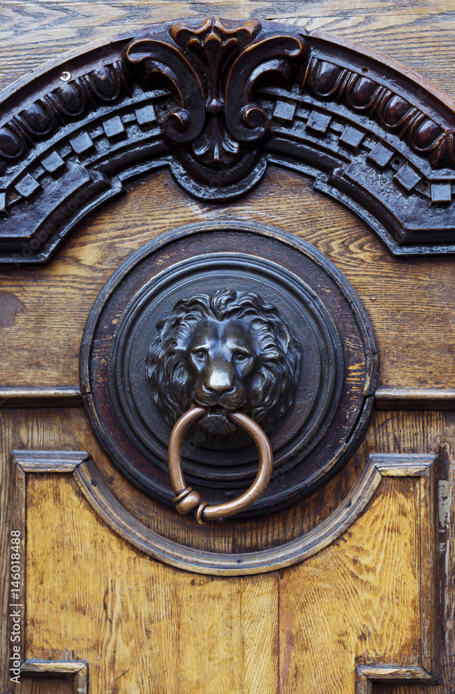 An ancient door handle with metal lion head in Tbilisi, Georgia An ancient door handle with metal lion head in Tbilisi, Georgia