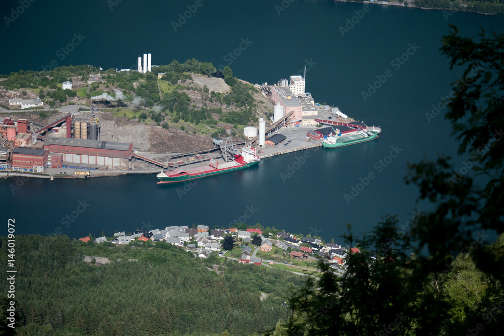 Ship Boat parom on the fjords of Norway, mountain in the background