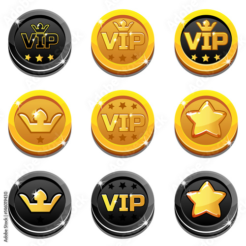 Cartoon Vip and Crown Coins in gold and black color, set 9
