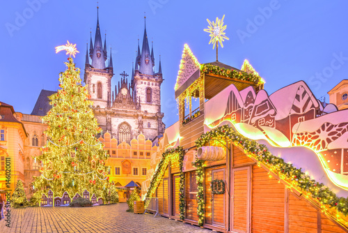 Christmas tree and fairy tale Church of our Lady Tyn in Prague, Czech Republic.