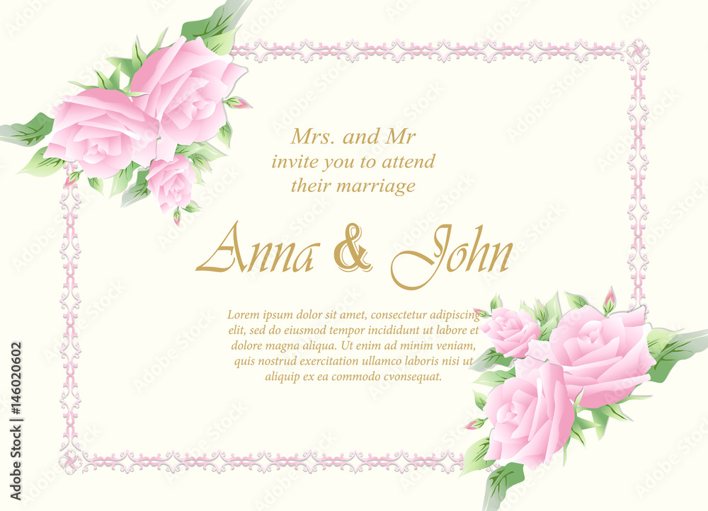 Wedding card, Invitation card with rose flower on ivory background Wedding card, Invitation card with rose flower on ivory background