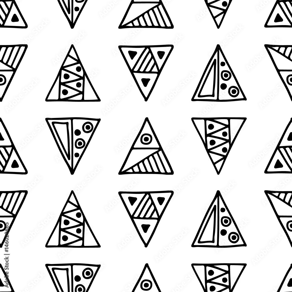 Seamless vector pattern. Black and white geometrical background with hand drawn decorative tribal elements. Print with ethnic, folk, traditional motifs. Graphic vector illustration. Seamless vector pattern. Black and white geometrical background with hand drawn decorative tribal elements. Print with ethnic, folk, traditional motifs. Graphic vector illustration.