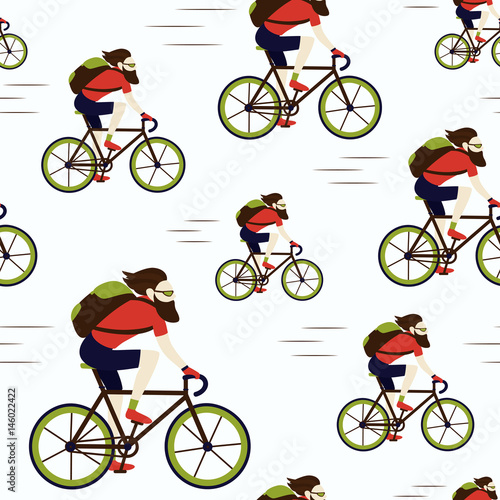 Bicycle delivery messenger courier bearded hipster male character with backpack wearing shorts and t-shirt. Urban logistics transportation. Seamless pattern on white background. Vector illustration.