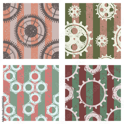 Set of vector seamless patterns with mechanism of watch, metal parts, screw nuts. Creative geometric grunge backgrounds with gear wheel. Texture with cracks, ambrosia, scratches, attrition photo