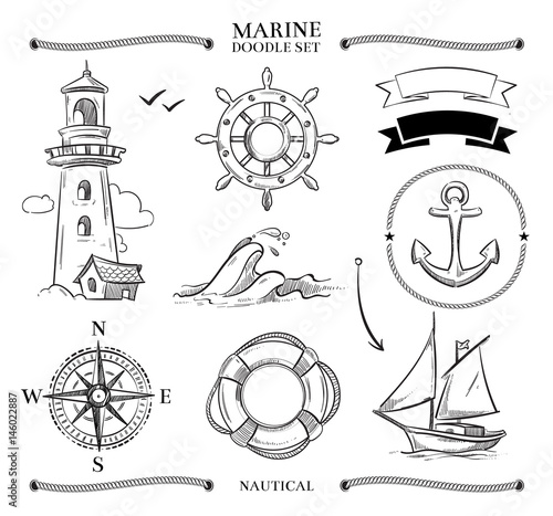 Rope frames, boats, marine knots, anchors nautical vector doodle set
